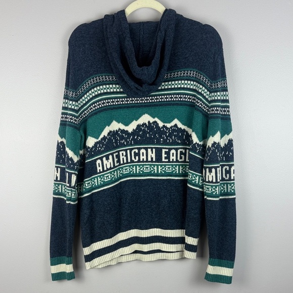 American Eagle Men's Green Blue Cotton Wool Blend Knit Medium Sweater Hoodie - Picture 11 of 11